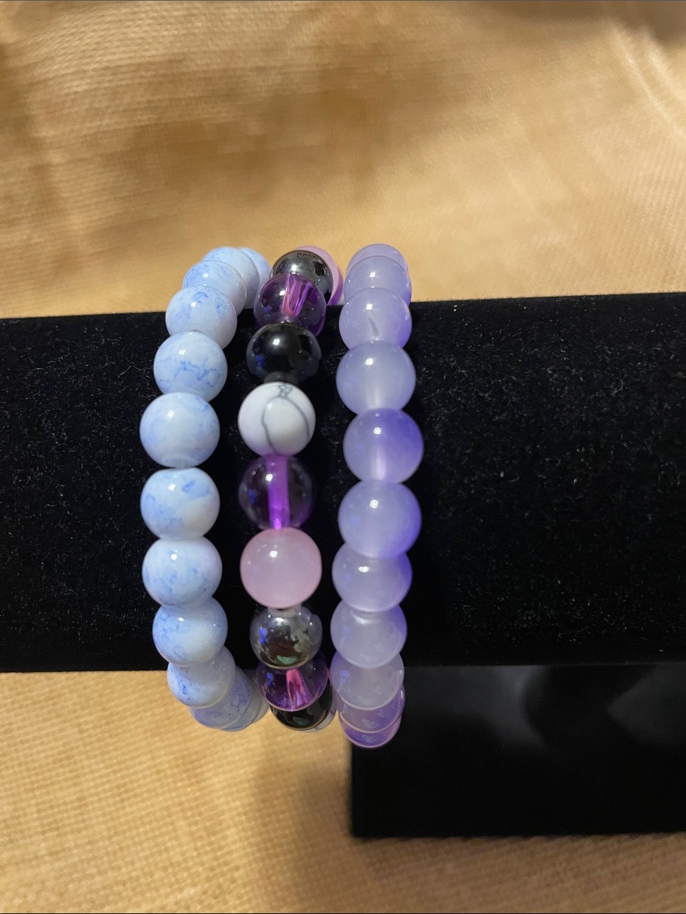 Trio Glass Beaded Stretch Bracelets - Lavender, Purple, Light Blue with accents
